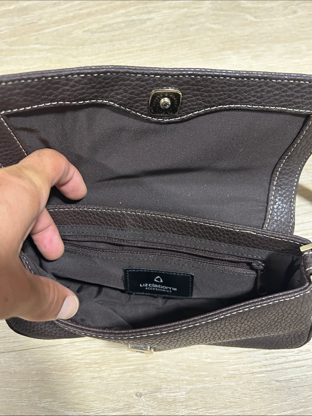 Liz Claiborne Dark Brown Pebbled Shoulder Bag with Contrast Stitching - Picture 5 of 5